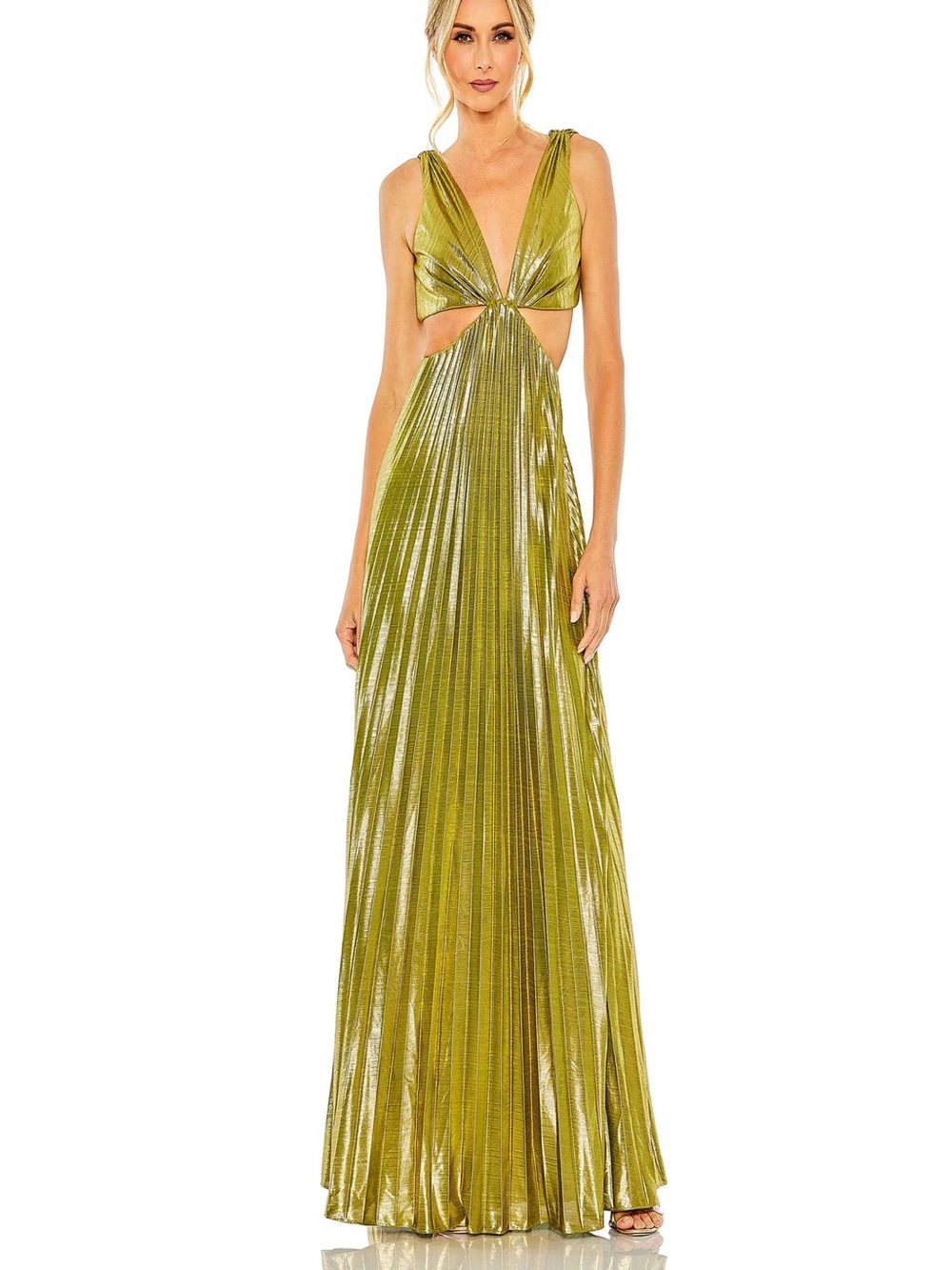 BRAND NEW! Metallic Olive Green Pleated Cutout Gown sz medium